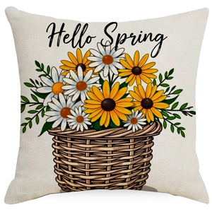 Square sunflower cushion cover with Hello Spring floral basket print for home sofa decor