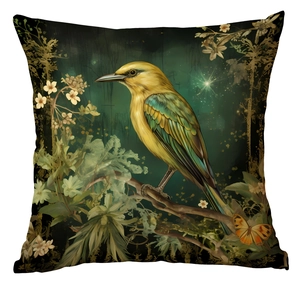 Detailed view of square pillowcase with bird and flower forest pattern illustration