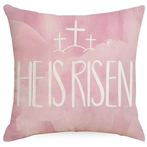 Easter pillow cover with three crosses and He Is Risen text in pink watercolor style