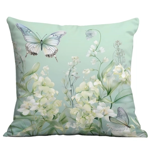 Housse de coussin fleurs et papillons vert menthe avec motif muguet à l'aquarelle
