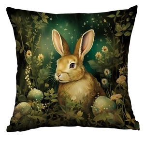 Detail of square pillowcase with forest rabbit print on fine canvas fabric