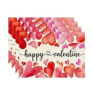 Juego de 4 manteles individuales de San Valentín con corazones rosas y texto feliz día