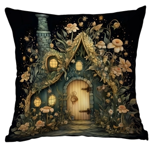 Forest night scene throw pillow cover with glowing flowers and fantasy cabin print