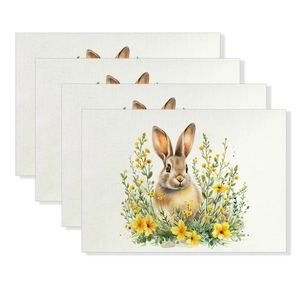 Set of 4 linen Easter placemats with watercolor rabbit and floral heat-resistant print.
