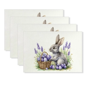 Detail of 4-piece Easter linen placemats featuring watercolor rabbit and lavender patterns