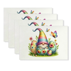 Set of 4 linen Easter placemats featuring colorful gnomes and butterfly prints