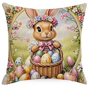 Easter pillow cover with cute bunny and colorful eggs on white background