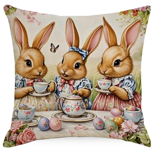 Easter throw pillow cover featuring vintage rabbits tea party illustration on linen fabric