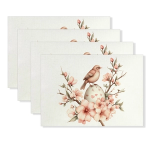 Set of 4 linen Easter placemats with vintage watercolor bird and floral cherry blossom print