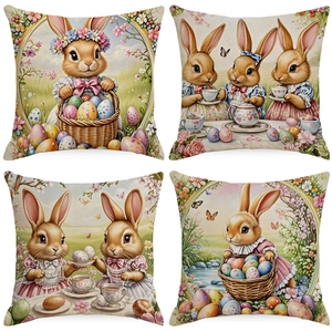 Easter Linen Pillow Cover Bunny Egg Tea Party Pattern Cushion Case For Home Living Room Bedroom Holiday Decoration Square Case