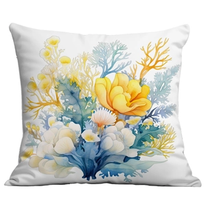 Close-up of watercolor floral and coral digital print on white square throw pillow cover