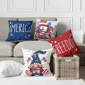 Set of 4 patriotic 4th of July pillow covers with red blue stripes and truck on sofa