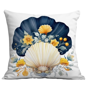 Detailed view of marine cushion cover featuring blue shell and yellow floral print