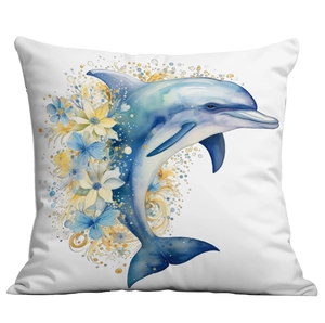 Detailed watercolor dolphin and floral print on white square throw pillow cover