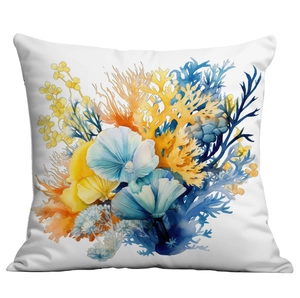 Detailed macro view of the colorful coral and seashell print on the linen pillowcase fabric