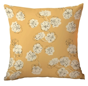 Détail de la taie d'oreiller jaune gingembre avec motif croquis de fleurs sauvages noir et blanc
