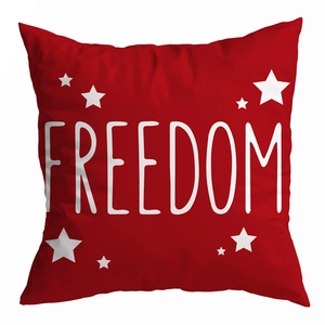 Detail of red Freedom pillow cover with white stars and premium linen texture