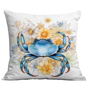 Close-up of ocean crab watercolor print on square cushion with delicate floral details