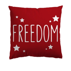 Red Freedom pillow cover with white star prints and text for Independence Day decor