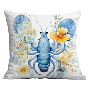 Detailed view of white throw pillow featuring a blue lobster and floral watercolor art