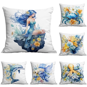 Marine Life Digital Printed Cushion Cover Short Velvet Artistic Watercolor Sea Creature Square Throw Pillow Case Home Decor