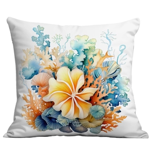 Square ocean theme pillow case with colorful watercolor coral and plumeria prints