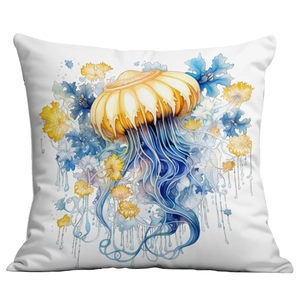 Square white pillowcase featuring a watercolor yellow jellyfish and floral print