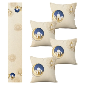 Set aus 4 Ramadan Kissenbezügen und Tischläufer mit goldenem Halbmond und Moschee-Motiv