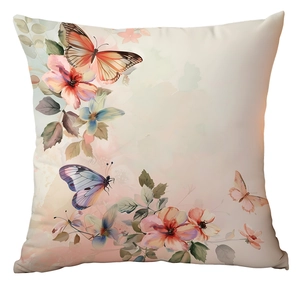 Detailed view of square butterfly and flower watercolor print decorative pillowcase