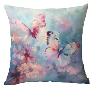 Detailed view of watercolor butterfly and flower patterns on fancy decorative pillowcase