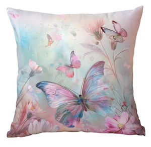 Detail showing the vibrant butterfly and floral watercolor print on square pillowcase