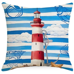 Lighthouse and anchor nautical print white linen square pillow cover with blue stripes