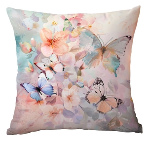 Detail of artistic watercolor butterfly and flower print on square pillowcase fabric
