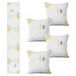 Set aus 4 Kissenbezügen und Tischläufer mit goldenen Ramadan Mandala-Mustern