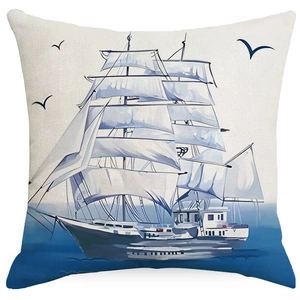 Artistic nautical sailboat white linen pillow cover with watercolor marine ship design