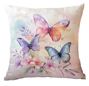Detailed close-up of watercolor butterfly and floral print on white square cushion cover