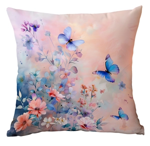 Detail of artistic watercolor butterfly and floral print on decorative pillow case