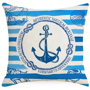 Square nautical pillowcase featuring blue anchor design and white striped linen fabric