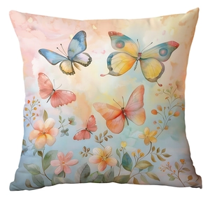 Macro detail of high-quality fabric texture on a butterfly and floral pillowcase