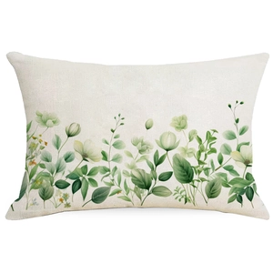 Federa in lino con stampa di piante verdi e fiori bianchi su fondo crema beige