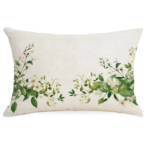 Federa decorativa in lino con stampa botanica verde su sfondo color crema