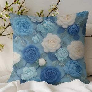 Housse de coussin carrée avec motif de rose bleue 3D sur fond blanc décoratif