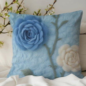Housse de coussin décorative rose 3D bleue avec texture pelucheuse pour canapé