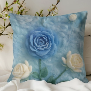 Détails macro du motif de rose bleue en relief 3D sur la housse de coussin en peluche