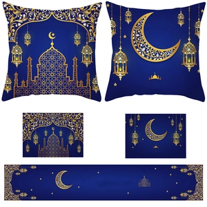 Detail of moon and mosque pattern on blue and gold Ramadan cushion cover and runner set