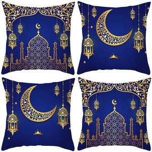 Linen Ramadan Eid Mubarak Decorative Pillow Case Table Runner Placemat Deep Blue Golden Moon Star Mosque Home Decor