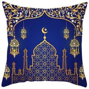 Square dark blue pillow cover with golden mosque and moon star print for sofa decor