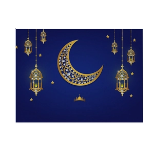 Blue Ramadan backdrop with gold crescent moon and hanging lanterns for home decoration