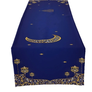 Dark blue table runner with golden crescent moon and mosque print for Ramadan decoration