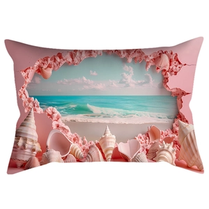 Detailed close-up of pink coral frame shell print on rectangle polyester pillow case